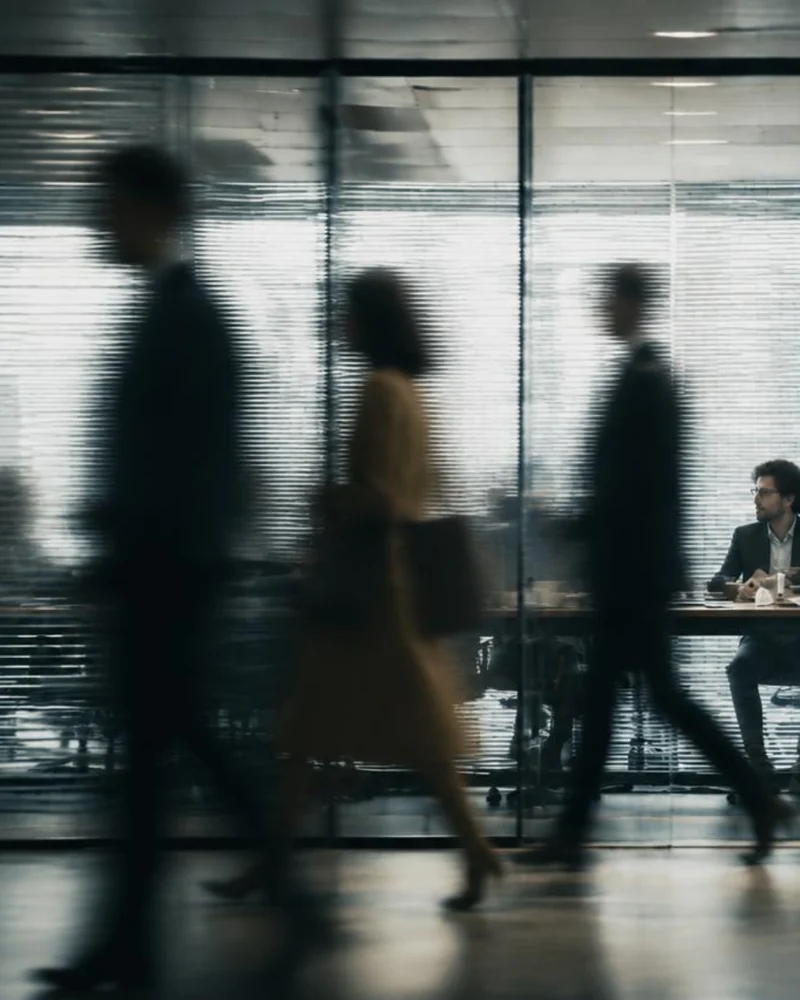 Business professionals moving through a modern glass-walled office